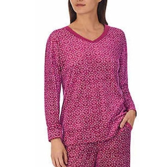 Nautica Womens V-Neck Pullover Patterned Cozy Fleece Pajama Top Purple Large NWT - Picture 1 of 6